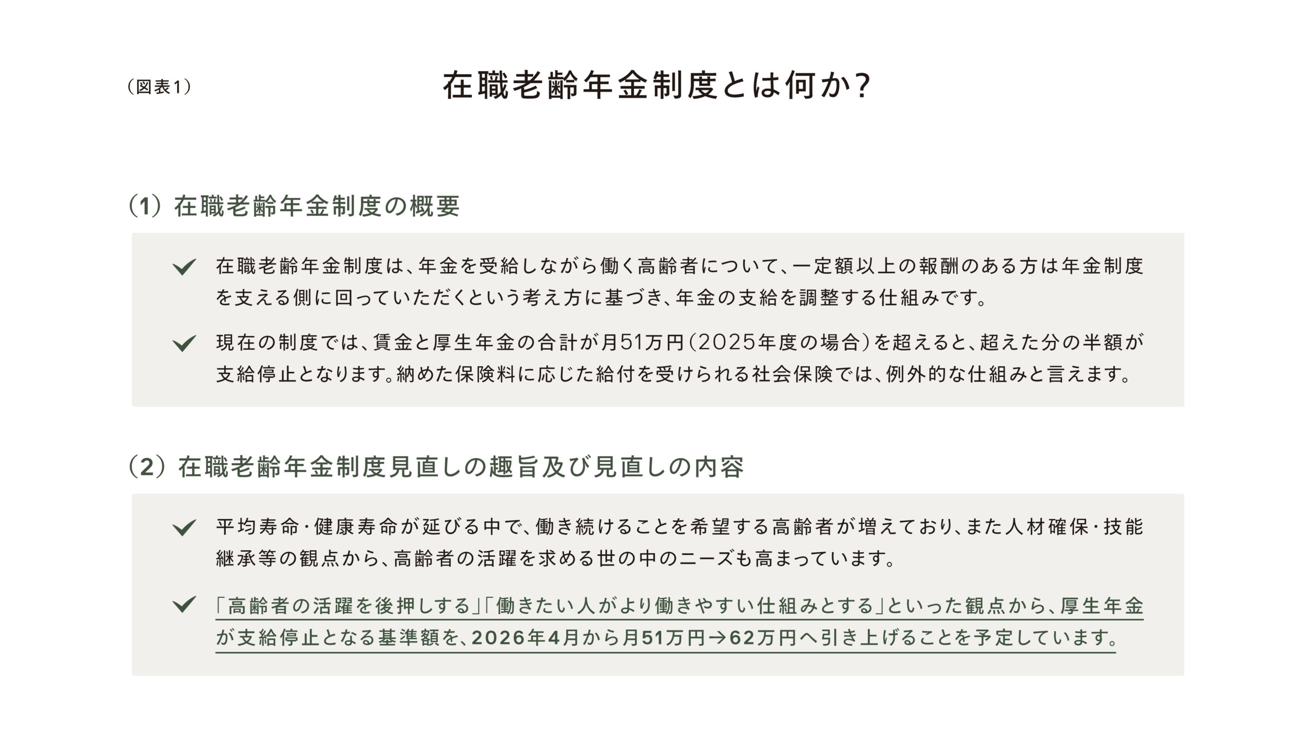 （図表1）在職老齢年金制度とは何か？
（1）在職老齢年金制度の概要
✓在職老齢年金制度は、年金を受給しながら働く高齢者について、一定額以上の報酬のある方は年金制度を支える観点に立っていただくという考え方に基づき、年金の支給を調整する仕組みです。
✓現在の制度では、賃金と厚生年金の合計が月51万円（2025年度の額）を超えると、超えた分の半額が支給停止となります。なお、該当厚生年金に応じた割合を受けられる社会保険では、例外的な仕組みと旨ます。
（2）在職老齢年金制度見直しの議論及び見直しの内容
✓平均寿命・健康寿命が延びる中で、働き続けることを希望する高齢者が増えており、また人材確保・技能継承の観点から、高齢者の活躍を求める世の中のニーズも高まっています。
✓「高齢者の活躍を後押しする」 「働きたい人がより働きやすい仕組みとする」という観点から、厚生年金が支給停止となる基準を、2026年4月から月51万円→62万円へ引き上げることを予定しています。
