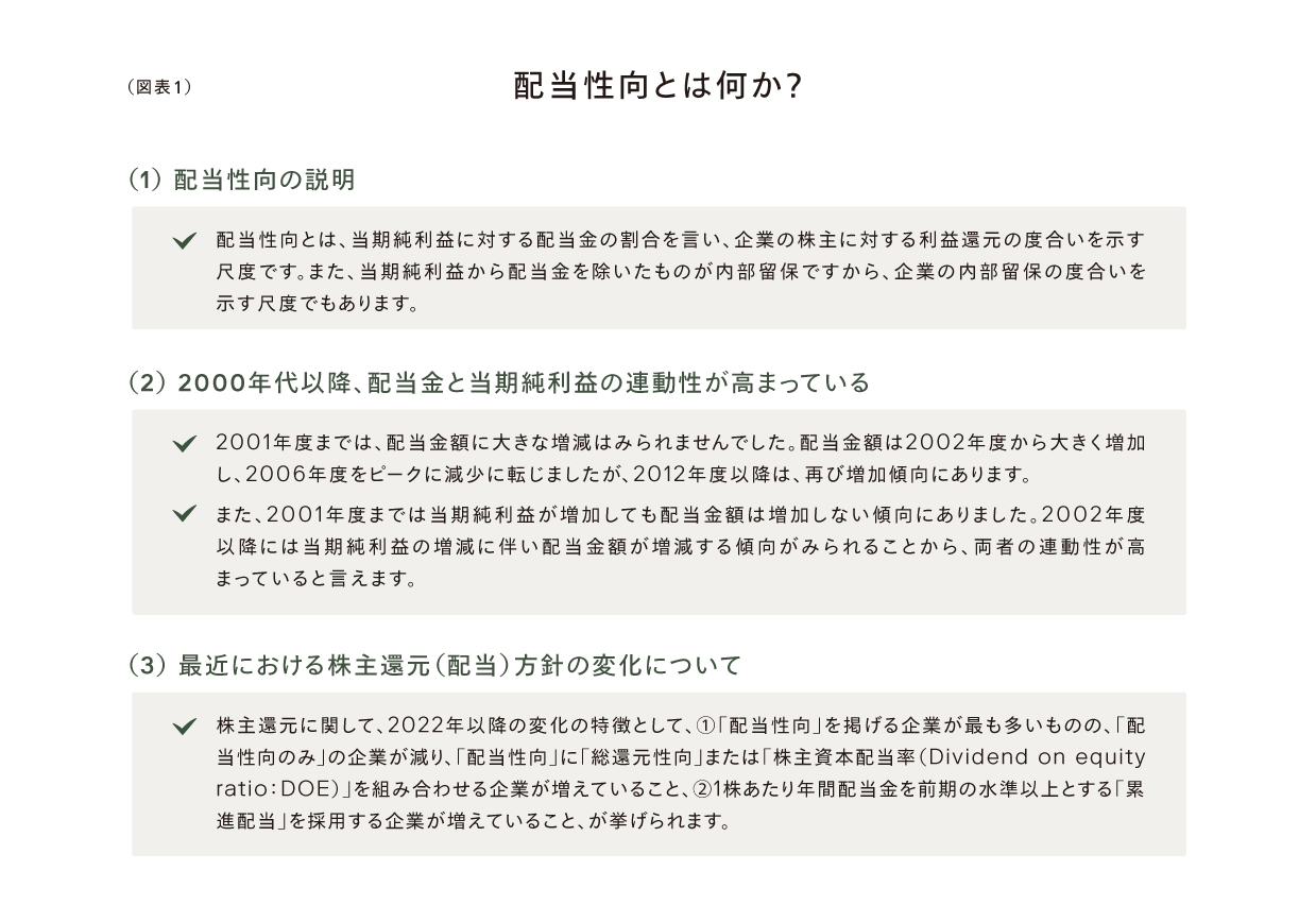 （図表1）
配当性向とは何か？
（1）配当性向の説明
✓配当性向とは、当期純利益に対する配当金の割合を言い、企業の株主に対する利益還元の度合いを示す尺度です。また、当期純利益から配当金を除いたものが内部留保ですから、企業の内部留保の度合いを示す尺度でもあります。
（2）2000年代以降、配当金と当期純利益の連動性が高まっている
✓2001年度までは、配当金額に大きな増減はみられませんでした。配当金額は2002年度から大きく増加し、2006年度をピークに減少に転じましたが、2012年度以降は、再び増加傾向にあります。
✓また、2001年度までは当期純利益が増加しても配当金額は増加しない傾向にありました。2002年度以降には当期純利益の増減に伴い配当金額が増減する傾向がみられることから、両者の連動性が高まっていると言えます。
（3）最近における株主還元（配当）方針の変化について
✓株主還元に関して、2022年以降の変化の特徴として、①「配当性向」を掲げる企業が最も多いものの、「配当性向のみ」の企業が減り、配当性向に「総還元性向」または「株主資本配当率（Dividend on equity ratio：DOE）」を組み合わせる企業が増えていること、②1株あたり年間配当金を前期の水準以上とする「累進配当」を採用する企業が増えていること、が挙げられます。