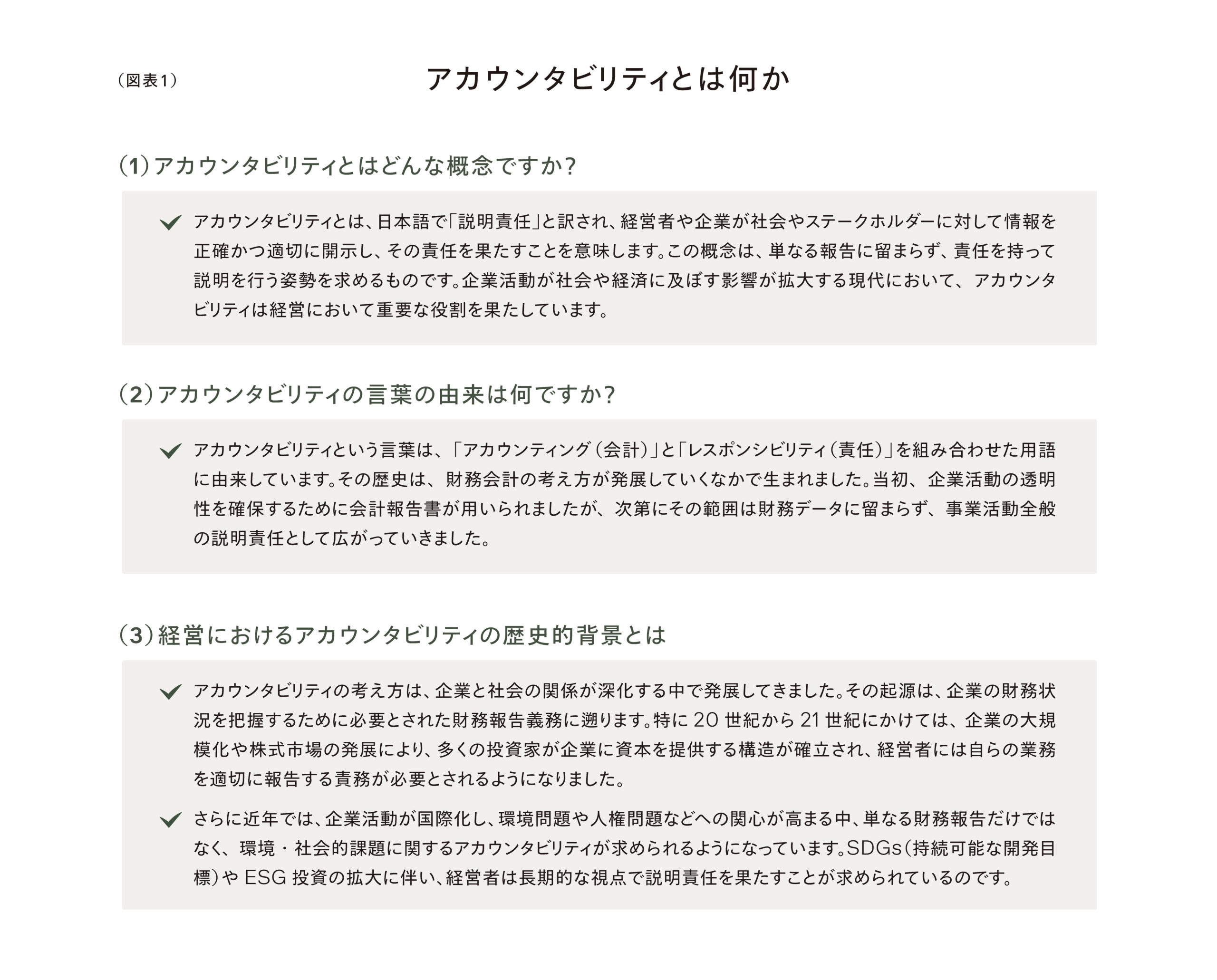 （図表1）
アカウンタビリティとは何か
（1）アカウンタビリティとはどんな概念ですか？
✓ アカウンタビリティとは、日本語で「説明責任」と訳され、経営者や企業が社会やステークホルダーに対して情報を正確かつ適切に開示し、その責任を果たすことを意味します。この概念は、単なる報告に留まらず、責任を持って説明を行う姿勢を求めるものです。企業活動が社会や経済に及ぼす影響が拡大する現代において、アカウンタビリティは経営において重要な役割を果たしています。
（2）アカウンタビリティの言葉の由来は何ですか？
✓ アカウンタビリティという言葉は、「アカウンティング（会計）」と「レスポンシビリティ（責任）」を組み合わせた用語に由来しています。その歴史は、財務会計の考え方が発展していくなかで生まれました。当初、企業活動の透明性を確保するために会計報告書が用いられましたが、次第にその範囲は財務データに留まらず、事業活動全般の説明責任として広がっていきました。
（3）経営におけるアカウンタビリティの歴史的背景とは
✓ アカウンタビリティの考え方は、企業と社会の関係が深化する中で発展してきました。その起源は、企業の財務状況を把握するために必要とされた財務報告義務に遡ります。特に20世紀から21世紀にかけては、企業の大規模化や株式市場の発展により、多くの投資家が企業に資本を提供する構造が確立され、経営者には自らの業務を適切に報告する責務が必要とされるようになりました。
✓ さらに近年では、企業活動が国際化し、環境問題や人権問題などへの関心が高まる中、単なる財務報告だけではなく、環境・社会的課題に関するアカウンタビリティが求められるようになっています。SDGs（持続可能な開発目標）やESG投資の拡大に伴い、経営者は長期的な視点で説明責任を果たすことが求められているのです。